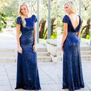 Marinblå paljetter brudtärna klänningar skopa hals chiffong korta ärmar golvlängd ruched skräddarsydd plus size maid of Honor klänningar Vestido 403 403