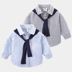 Kids Shirts Spring Autumn Fashion 2 3 4 6 8 10 Years Children Turndown Collar Striped Long Sleeve Shirt With Tie For Baby Kids Boy 230321