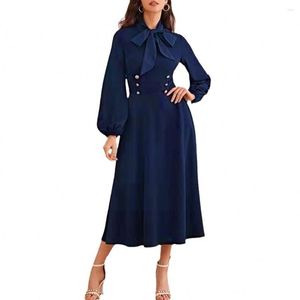Casual Dresses 2023 Autumn Blue Elegant Women Vintage Long Dress Hepburn Style Sleeve Button Bow Tie Medieval Retro Vestidos
