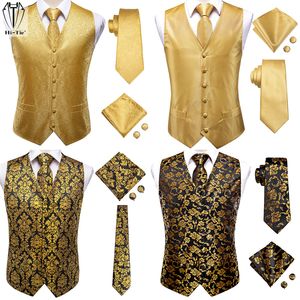 Coletes masculinos Hi-Tie Luxo Seda Mens Coletes Ouro Amarelo Laranja Colete Jaqueta Gravata Hankerchief Cufflinks para Homens Vestido Terno Casamento Negócio 230321