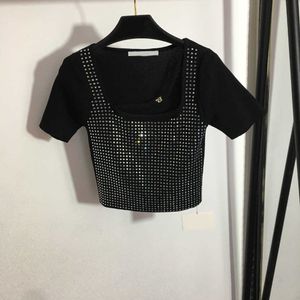 23SS Designer Brand Women Sticked Short Sleeve Sparkly Hot Drill Square Collar Kortärmad tröja Top High Quality Womens kläder