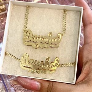 Anhänger Halsketten 18 Karat vergoldete Namensschild-Halskette, personalisierte Doppelschicht 3D mit Herz, individueller Name, Edelstahl-Schmuck 230321