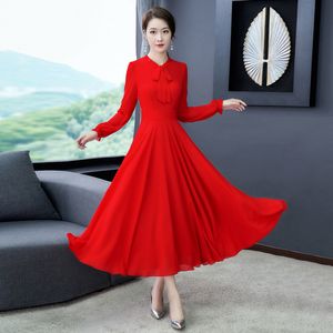 Casual Dresses Tingyili Bow Neck Ruffle Sleeve Women Dress Spring Summer Elegant Ladies Chiffon Maxi Dress Black Red Burgundy Dress 230321