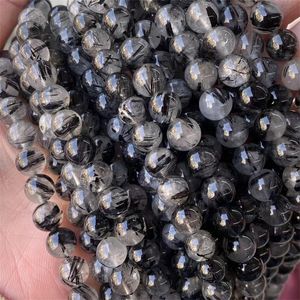 Beaded Halsband Partihandel Natural A 6mm 8mm Black Rutilated Smooth Round Loose Pärlor för att göra smycken Armband Halsband DIY 15 