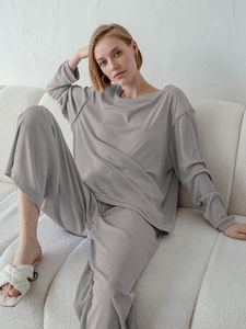 Women's Sleepwear Hiloc Black Ribbed Home Suit For Women Sleepwear Long Sleeve Sets Womens Outfits Grey Knitted Women's Home Clothes Pajama 230321