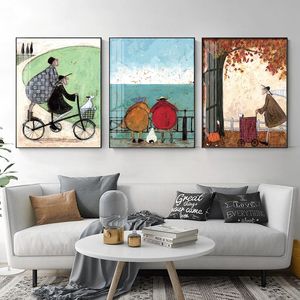 Nordic Happy Family Tecknad Vardagsrum Dekorativ målning Triptyk Modern Enkel Fresco Soffa Bakgrund Väggmålning Hängande bild