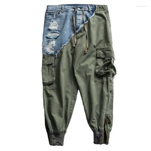 Calça masculina estilo GL Indústria pesada lavando materiais de jeans de jeans de pocket high pocket militar verde pequena perna masculina solta