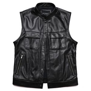 Mäns västar SOA klassisk motorcykel riktigt läder män 100 cowhide ärmlös jacka man svart cyklist waistcoat 230320