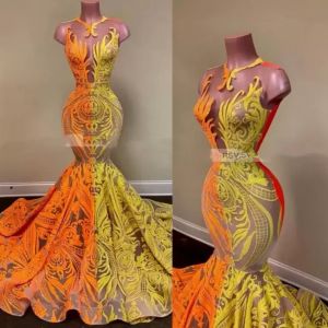 Long Elegant Prom Dresses Sheer O-neck Orange and Yellow Sequin African Women Black Girls Mermaid evening Party Gowns BC13015