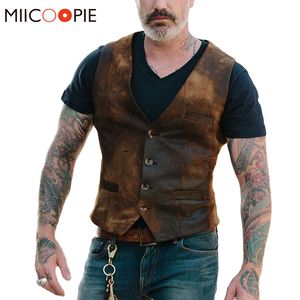 Men's Vests Vintage Imitation Leather Single-breasted Men Casual Vests Jacket Autumn Fashion V-Neck Sleeveless Chaleco Hombre Streetwear 230320