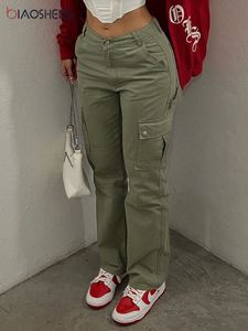 Spodnie damskie Capris Summer Vintage Kobiety Ładunki Dżinsy wysokiej talii prosta noga workowate modne mody wygodne dżinsowe spodnie mama zielone kieszenie y2k cargo spodni 230321