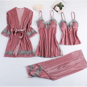 Women's Sleepwear Sexy Velour 4PCS Robe Set Autumn Winter Lace Strap Nighty Kimono Gown Women Long Sleeve Sleepwear Casual Home Wear Nightwear 230321