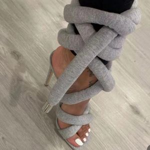 Yaz Kadın Gladyatör Sandalet Kumaş Halat Dantel Up Strappy Yüksek Topuk Sandalias Seksi Kare Burnu açık Stilettos Sandalet Kadın