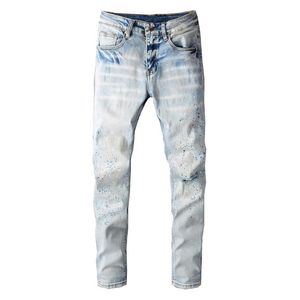 Mens Jeans Män målade rippade streetwear -hål nödställda smala mager blyertsbyxor ljusblå denim byxor