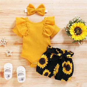 Kläder sätter 3st Baby Girl kläder set kortärmad fast färg Ruffled Romper Sunflower Print Shorts Bow pannband Z0321