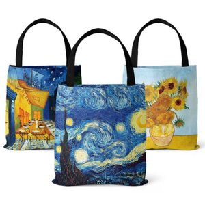 Beach Bags 2023 New Vintage Star Oil Painting Beach Tote Women s Canvas Shopping Bags Fashion Large Handbags Mens Shoulder Purse 230321