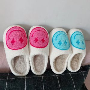 Slippers Cute Smile Face Lightning Blue Pink Wnter Warm Home For Woman Man Fulffy Fur Indoor house 230320