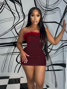 Casual Dresses Hirigin Sexy Feather Details Shine Velvet Skinny Mini Dress Fashion Women Strapless Birthday Clubwear Bodycon