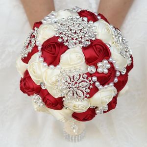 Wedding Flowers Fashion 21cm Simulation Rose Bouquet For Bride Luxury Rhinestone Pearl Accessories Bridesmaids Supplies Hand