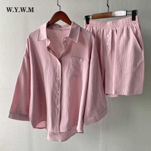 Tute da donna WYWM Set estivi in cotone e lino Donna Basic sciolti in due pezzi Camicie a maniche lunghe Coulisse Vita alta Pantaloncini Pantaloni Tute P230307