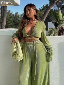 Kvinnor Tvåbitar byxor Claceive Sexig Green Set Women Casual Loose Bandage Blues Shirt Matchande Wide Leg Trousers Passar Elegant 2 Pant 230321