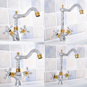 Kitchen Faucets Polished Chrome Golden Brass Bathroom And Cold Water Taps Double Handle Deck Mount Vanity Sink Washing Basin