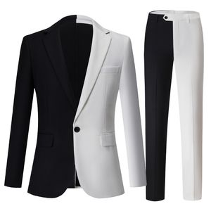 Mens Stylish Black White Patchwork Suit Pants Set Slim Fit hacked Lapel One Button 2 Piece Passar Wedding Party Dinner Tuxedo