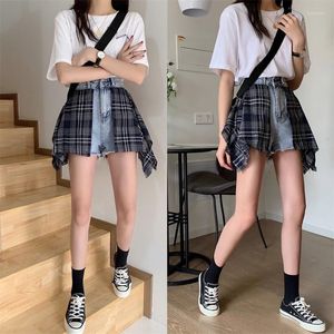 Damskie dżinsy kobiety szorty wysokiej talii Plaid Patchwork Streetwear A-Line Denim Teens Dams Women-Match Fashion Rekroje stylowe