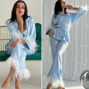 Women's Sleepwear Sky Blue Pajamas Pour Femme Nightgown With Feather Button-down Satin Home Clothes Long Sleeve Nightwear Loungewear
