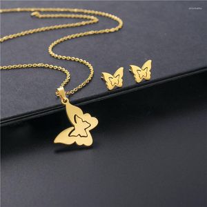 Necklace Earrings Set Unique Korean Fashion Stainless Steel Gold Color Butterfly Pendant Jewelry Cute For Women Femme