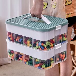 Storage Boxes Bins 2 Layer Building Blocks Storage Box Stackable Toys Organizer with Handle Grid Storage Case Large Capacity Sundries Container 230321