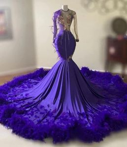 Purple Feathers Prom Prom Prompes с длинным рукавом Sequin Applique Tassel Party Howns Платье для чернокожих девушек