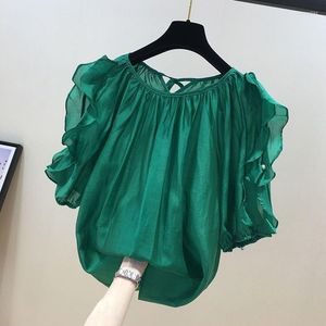 여자 T 셔츠 2023 쉬폰 티셔츠 꽃잎 소매 단수 세련된 달콤한 아름다움 여름 기질 중공 뒤 짧은 상단
