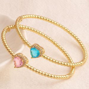 Bangle 18K Gold Plated Pink/Lake Blue CZ Heart Bangles For Women Girl Bezel Setting Cubic Zirconia Simple Bracelet
