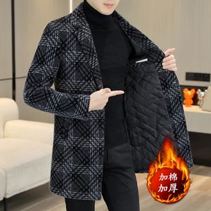 Misto lana da uomo British Plaid Mens Trench Coat Inverno ispessimento len Giacca a vento monopetto Giacca lunga Abrigo Largo Hombre 230321