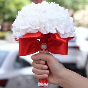 Flores de casamento fofo pe pérolas rosa pérolas dama de honra Bouquet Bouquet Ribbon Fake De Noiva Party W2023P