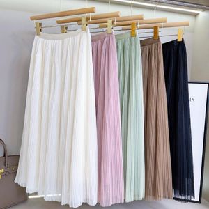 Röcke Elegante Tüll Rock Frauen Elastische Hohe Taille 3 Schichten A-linie Plissee Netz Lange Braut Tutu Weibliche Jupe Longue SK25