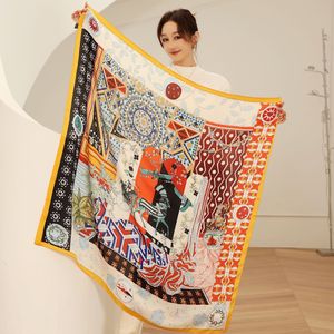 Scarves Luxury Orange Horse Chain Silk Scarf 110cm Square For Women Silk-like Large Bandana Lady's Summer Sunscreen Shawl GiftScarves