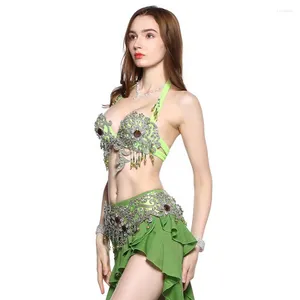 Scen Wear Green Belly Dance Costume Set Bh Belt kjol Sexig pärlstav Samba Carnival Outfits Bellydancing Clothes Performance