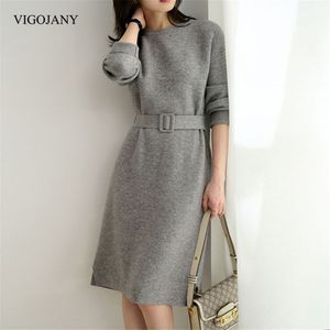 Casual Dresses VigoJany Autumn Winter Women Gray Belt Sweater Dress Casual Long Sleeve O Neck Knee Dress Ladies Korean Warm Knitted Dress 230321