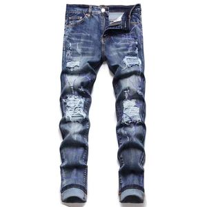 Rip hip hop high street marca Pantalones Vaqueros Para Hombre Motocicleta Bordado Formulário-encaixe calças lápis fino Jeans Calças de Caminhada