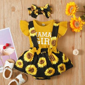 Clothing Sets 3 6 12 Months Newborn Baby Girls Clothes Set Letter Print Ribbed TopsSunflower Suspender SkirtsHeadband Outfits Girl Clothes Z0321