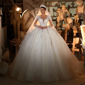 Luxuriöse Ballkleid-Brautkleider mit V-Ausschnitt, transparent, 1/2-Ärmel, glänzende Bewerber, mit Pailletten, hoher Taille, Kapellenkleid, maßgeschneidertes Brautkleid, Vestidos De Novia