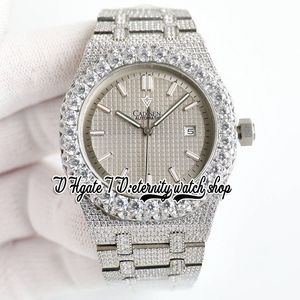 BZF SF15500 JAPAN M8215 Automatisk herrklocka Iced ut Big Diamond Bezel Grey Texture Dial Stick Markers Rostfritt stål Diamonds Armband Eternity Jewelly Watches