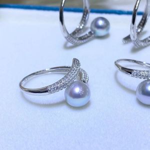 23031502 Diaomondbox Jewelry Ring 7-8mm Akoya Grey Pearl WHITE Gold Plated Sterling Sier FREE SIZE Adjustable Curve Open Rhinestone Zircronia Girl