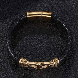 Очарование браслетов модные ювелирные украшения мужчины черное плетеное кожаное браслет золотая из нержавеющая сталь пряжка панк -брастель FR0752