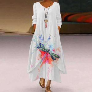 Casual Dresses Spring Flower Bird Print Maxi Dress For Women Baggy Long Sleeve V Neck Irregular Hem Loose Elegant Button