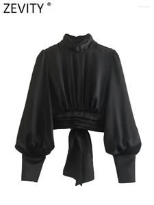Bluzki damskie Zevity Women Fashion Press Pliss Design Stand Okoł Czarna satyna bluzka bluzka żeńska bowcy koszulki eleganckie
