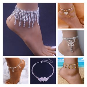 Bling Tassel Charm Wisiń Łańcuch Anklets Heart Butterfly Dollar Znak Bransoletka kostki dla kobiet Boho Sexy Lśniące Rhinestone bikini biżuteria plażowa