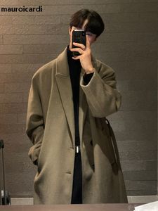 Herr ull blandar Mauroicardi Autumn Winter Long Loose Black Brown Warm Moft Woolen Trench Coat Men Double Breasted Korean Fashion 230320